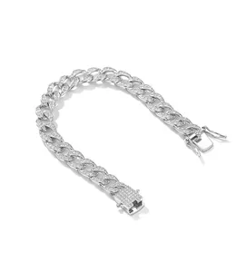Detailed view of iced out 925 sterling silver D color moissanite Cuban link bracelet for men