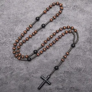 Handcrafted long religious rosary necklace with brown wooden beads and black cross