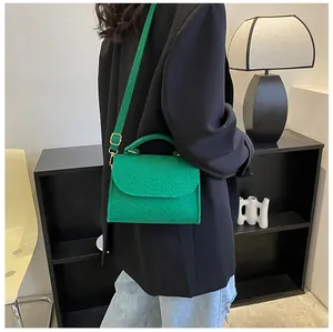 Green snake pattern small square handbag with adjustable strap worn on shoulder