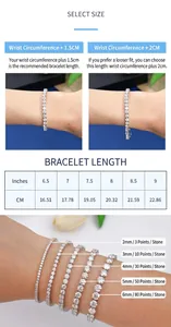 Detailed size chart for moissanite tennis bracelets showing stone widths and lengths