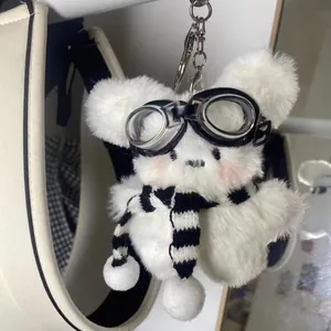 Cartoon Pilot Plush Bunny Keychain Pendant Cute Stuffed Animal Bag Charm Accessories For Women Girls Gift White