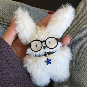 Cute white fluffy bunny plush keychain with black glasses and blue star pendant accessory