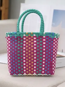 Stylish vibrant multi-color striped handmade woven plastic basket tote bag for women