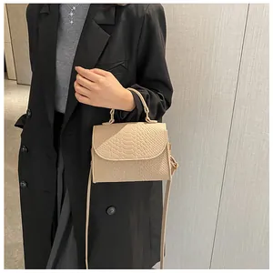 Close-up of a stylish beige snake-skin textured small square crossbody bag worn by a model