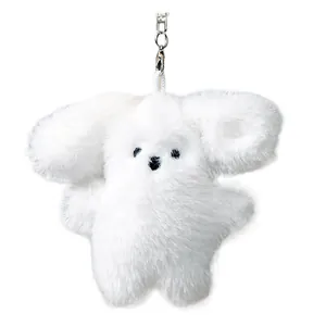 Cute white long-hair plush rabbit keychain bag charm accessory for women and girls