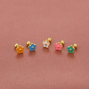 925 Sterling Silver Flower Stud Earrings For Women Colorful Enamel Sweet Small Leaf Design Screw Back Earrings Jewelry