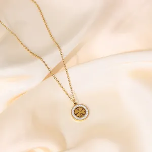 Minimalist Titanium Steel Clover Pendant Necklace Round Gold Plated Rhinestone Pave Clover Stud Earrings Luxury Women Jewelry