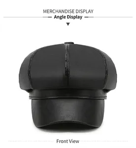 Front view of a vintage black PU leather newsboy cap with a smooth finish.