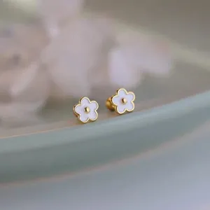S925 silver small flower stud earrings with screw back and white five-petal design