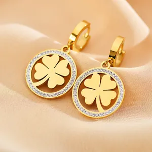 Elegant gold plated titanium steel four-leaf clover earrings with crystals