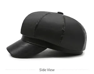 Detailed side profile view of a classic vintage black PU leather newsboy cap for women