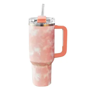 Premium 40oz tie-dye stainless steel insulated tumbler with ergonomic handle and reusable straw