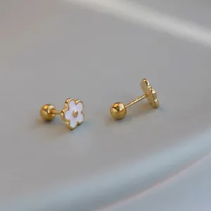 Elegant S925 sterling silver gold-plated white enamel flower screw-back stud earrings