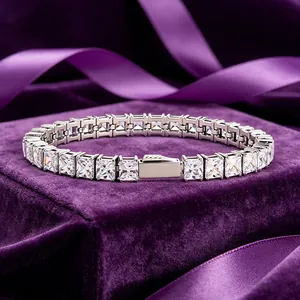 Luxury square cut zirconia tennis bracelet in 316L stainless steel on purple velvet