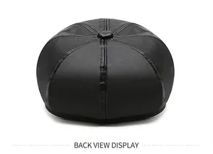 Detailed back view of a black vintage PU leather octagonal newsboy hat for women