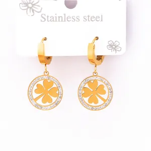Elegant gold plated stainless steel hoop earrings with a clover dangle and stones