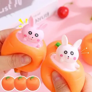 Macro view of a cute rabbit popping out of a carrot squeeze stress toy for kids