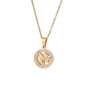 Titanium steel gold plated four leaf clover necklace with minimalist rhinestone pendant