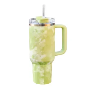 Green and White 40oz Tie-Dye Stainless Steel Insulated Tumbler with Handle and Clear Straw