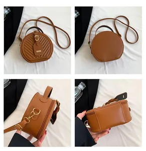 Detailed multi-angle views of a stylish brown quilted round crossbody bag for women