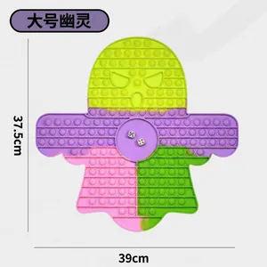 Detailed view of a large ghost-shaped colorful silicone fidget toy with dimensions