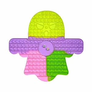 Detailed view of a large ghost-shaped colorful silicone fidget toy with dimensions