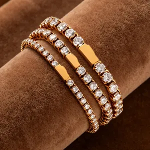 Detailed macro view of 3mm, 4mm and 5mm gold plated stainless steel tennis bracelets