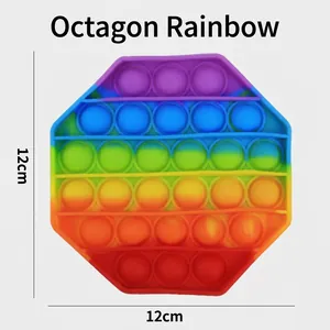 Detailed view of a rainbow octagonal push bubble fidget toy measuring 12cm by 12cm