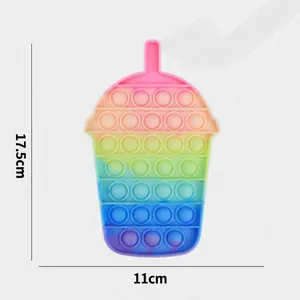 Detailed view of a rainbow milk bottle shaped pop it fidget toy showing dimensions of 17.5cm.