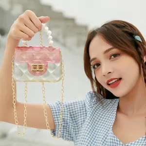 Mini gradient jelly bag with pearl handle and gold chain strap for women