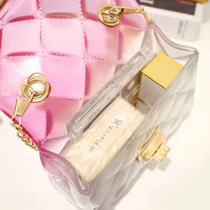 Mini gradient pink jelly crossbody bag with transparent quilted design and gold chain