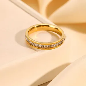 Close-up view of gold-plated stainless steel ring with channel-set clear crystals