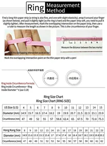 Ring size measurement guide featuring detailed US and Hong Kong size conversion tables