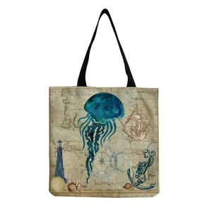 Vintage map style tote bag with vibrant blue jellyfish and marine life print