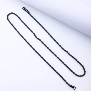 Black stainless steel rope chain necklace for men and women in hip hop fashion style.