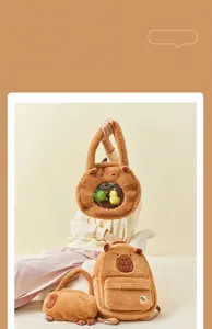 Cute Capybara plush bag set including a backpack, tote, and small handbag for daily use