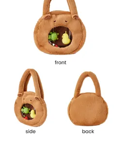 Front, side, and back views of a cute brown plush Capybara bag with clear window.