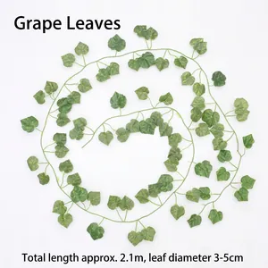 Macro detail of green artificial grape leaf vine showing 2.1m length and leaf size