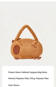 Detailed view of brown Capybara plush bag with material and color information.