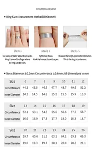 Ring size guide and measurement steps with circumference and diameter chart in mm.