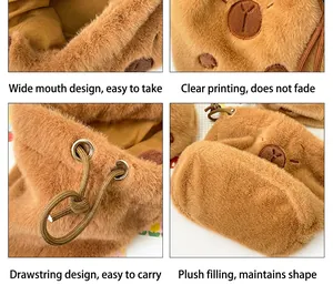 Detailed views of the plush Capybara bag showing soft texture, drawstring and large opening.