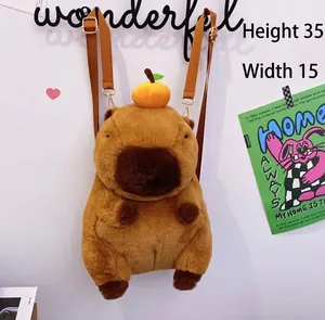Close-up of cute capybara plush backpack with orange fruit and dimension details