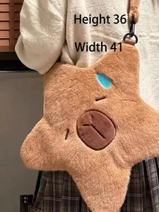 Close-up of funny Capybara star plush shoulder bag shown with dimensions 36x41cm