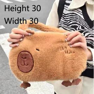 Detail of cute plush capybara shoulder bag showing its 30cm size and soft texture