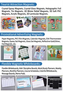 Assorted magnetic products including tourist fridge magnets and whiteboard planners