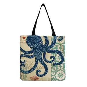 Simple Large Capacity Cotton Linen Tote Bag Marine Life Printed Shoulder Handbag For Students Everyday Shopping Eco Friendly Bag