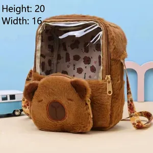 Close-up of cute brown capybara plush crossbody bag with clear window, size 20x16cm