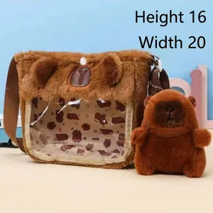 Detail view showing a soft Capybara plush bag with a clear front window compartment