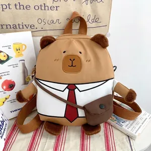 Cute brown capybara plush backpack with cartoon tie design, casual school bag, 38x35cm