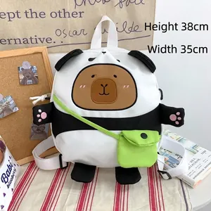 Front view of a cute cartoon Capybara plush backpack with size dimensions.